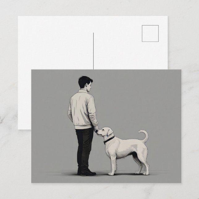 Carte Postale Garçon avec art chien (Devant / Derrière)