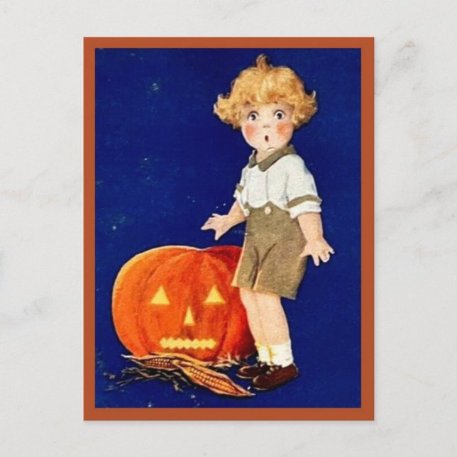 Carte Postale Garçon avec Citrouille - Halloween Vintage (Devant)