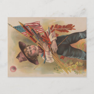 Carte Postale Garçon avec Feux d'Artifice, Drapeau Américain, Im