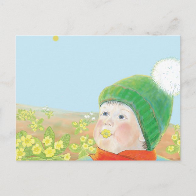 Carte Postale Garçon avec Primroses sauvages (Devant)