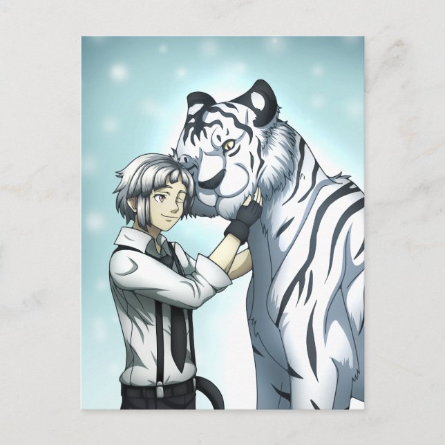 Carte Postale Garçon avec tigre blanc (Devant)