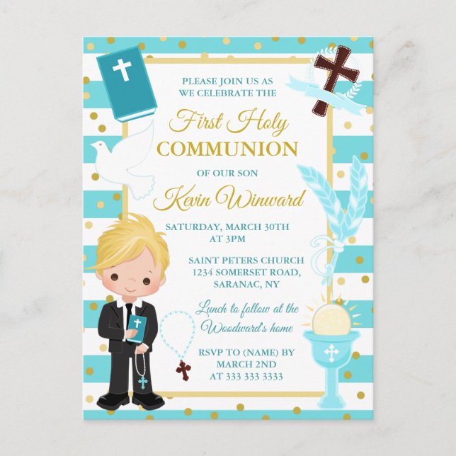 Carte Postale Garçon Blond Rayure Bleue Première Sainte Communio (Devant)