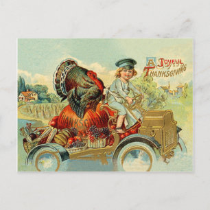 Carte Postale Garçon conduit un dindon dans une voiture classiqu