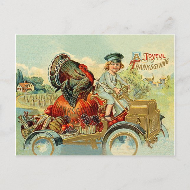 Carte Postale Garçon conduit un dindon dans une voiture classiqu (Devant)