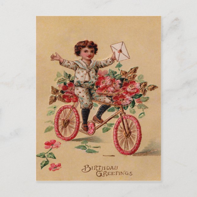Carte Postale Garçon Courrier Fleur Rose Vélo Anniversaire (Devant)