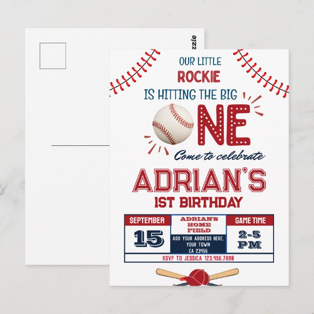 Carte Postale Garçon de 1 an anniversaire baseball (Devant / Derrière)