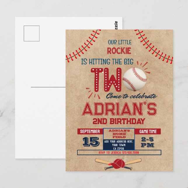 Carte Postale Garçon de 2 ans anniversaire baseball (Devant / Derrière)