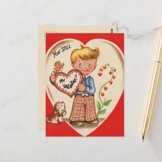 Carte Postale Garçon de la Saint-Valentin rétro vintage mignon (Devant/Arrière en situation)