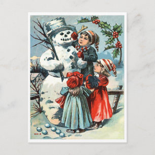 Carte Postale Garçon et deux filles faisant bonhomme de neige, v