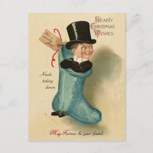 Carte Postale Garçon gentleman dans une grande chaussette de Noë (Devant)