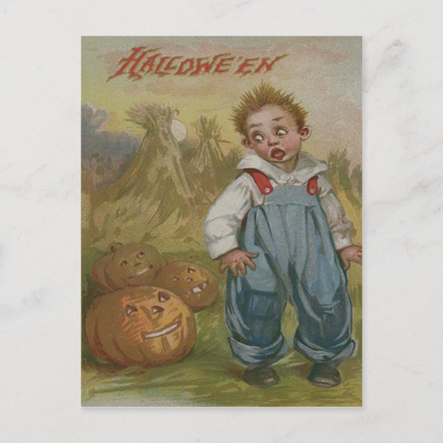 Carte Postale Garçon Jack O Lanterne Citrouille Meule de Foin Pl (Devant)