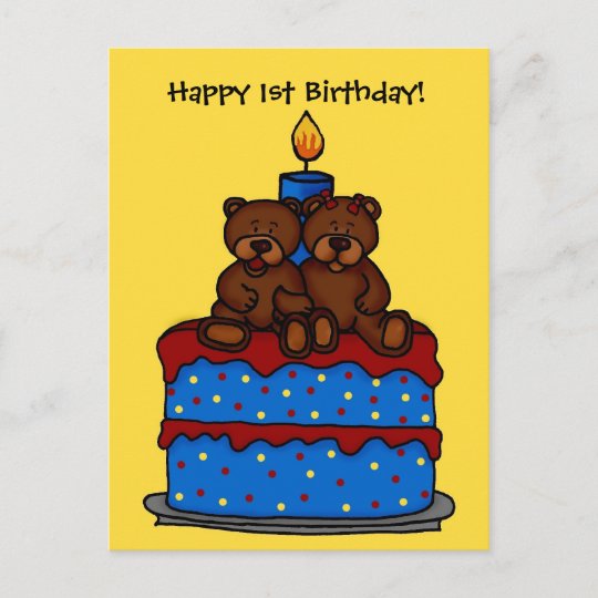 Carte Postale Garcon Jumeaux Sur Le Gateau De 1er Anniversaire C Zazzle Fr