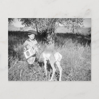 Carte Postale Garçon nourrissant l'antilope à la main