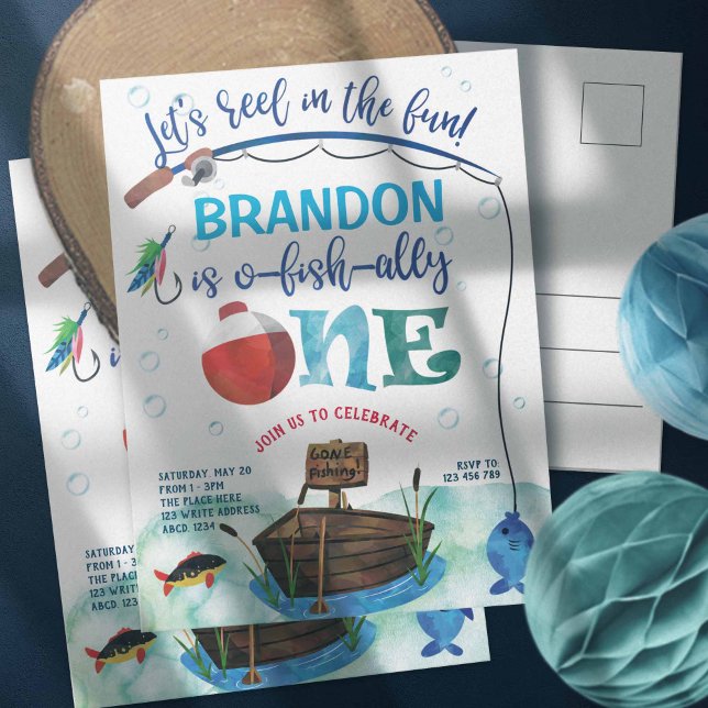 Carte Postale Garçon, O-fish-iellement, Thème pêche Premier (Gone fishing themed, o fish ally, boy 1st birthday invites. Little Fisherman birthday invitations.)