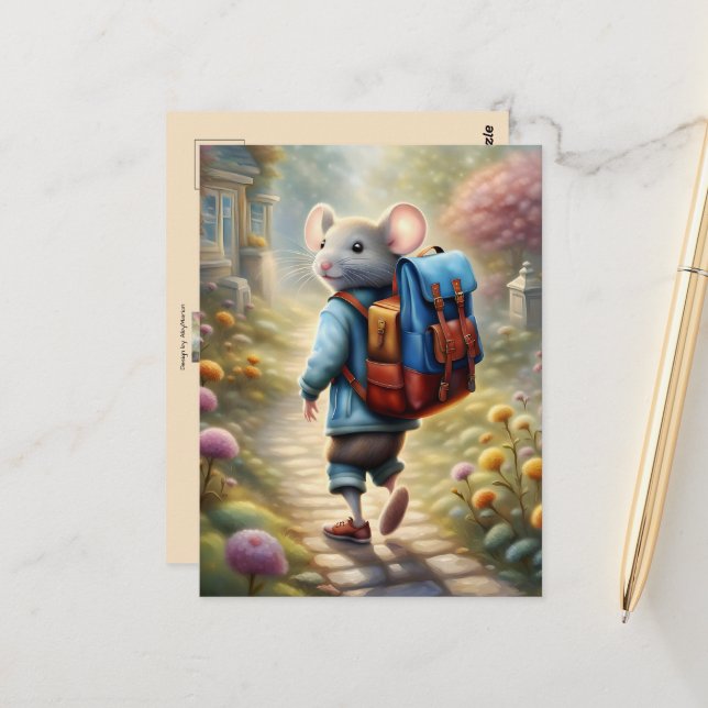 Carte Postale Garçon souris mignon sur le chemin de l'école, per (Devant/Arrière en situation)