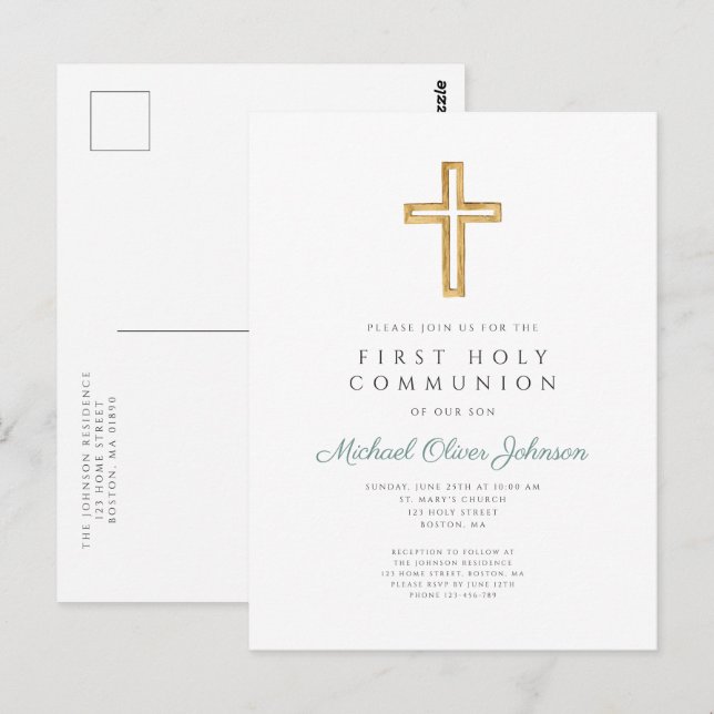 Carte Postale Garçon vert de première communion religieuse  (Devant / Derrière)