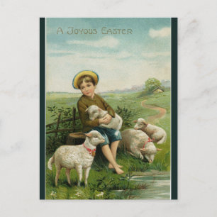 Carte Postale Garçon vintage avec agneaux Pâques