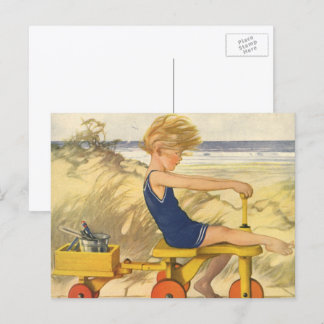 Carte Postale Garçon vintage jouant à la plage avec des jouets d
