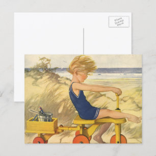Carte Postale Garçon vintage Jouer à la plage avec des jouets de
