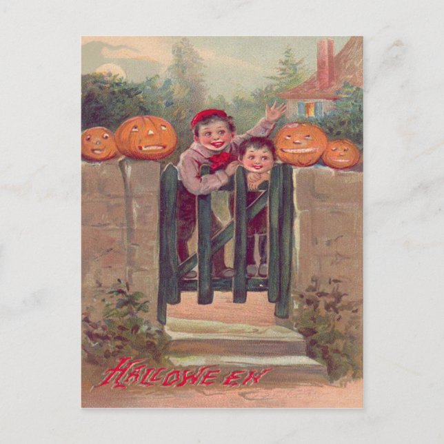 Carte Postale Garçons Citrouille Jack O Lantern Clôture (Devant)