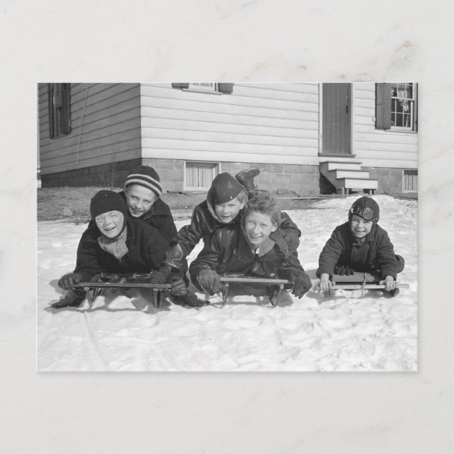 Carte Postale Garçons en traîneau, 1936 (Devant)
