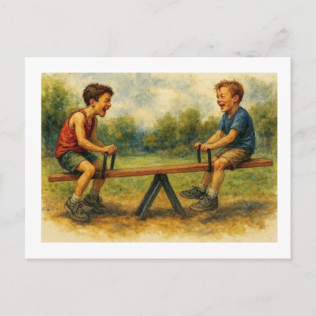 Carte Postale Garçons jouant sur une balançoire à bascule,  (Devant)