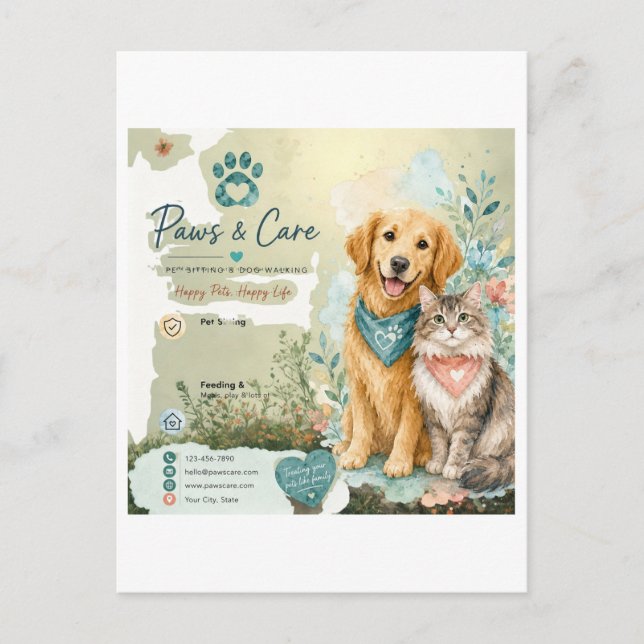 Carte Postale Garde d'animaux mignons chien et chat Promenade de (Devant)