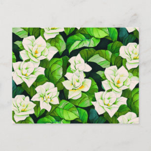 Carte Postale Gardénias blancs et feuilles vert jade