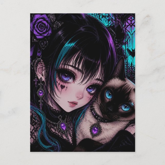 Carte Postale Garder le Contact | Fille Anime & Chat (Devant)