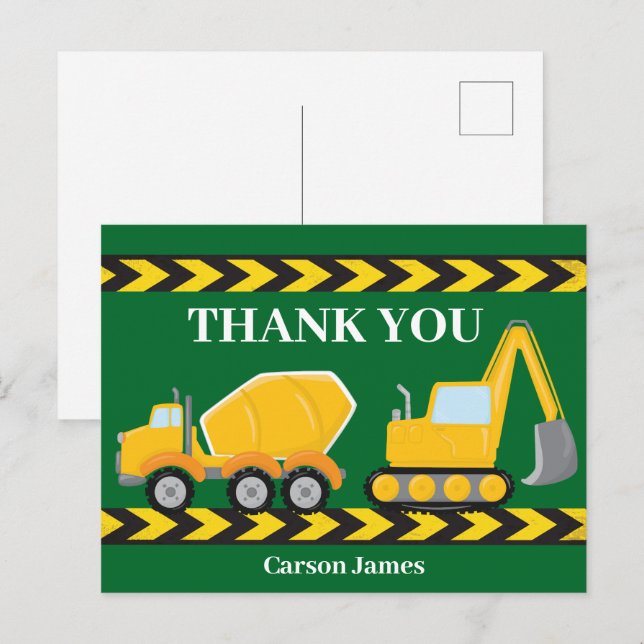 Carte Postale Gars Anniversaire Camion de Construction Merci (Devant / Derrière)