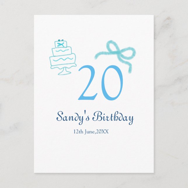 Carte Postale Gâteau à ruban bleu pour 20e anniversaire nom date (Devant)