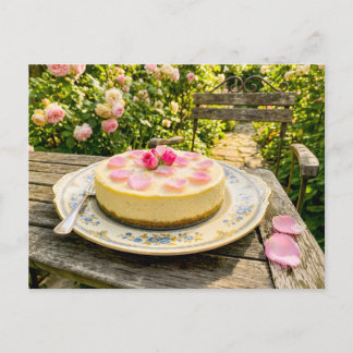 Carte Postale Gâteau au fromage au quark et rose sur table de ja