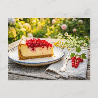 Carte Postale Gâteau au fromage aux groseilles rouges sur table