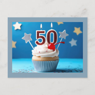 Carte Postale Gâteau cinquantième anniversaire bougies allumées