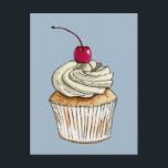 Carte Postale Gâteau cupcake à l'aquarelle avec crème fouettée e<br><div class="desc">Ceci est une illustration à l'aquarelle et au stylo pinceau d'un gâteau cupcake vanille avec de la crème fouettée surmontée d'une cerise.</div>