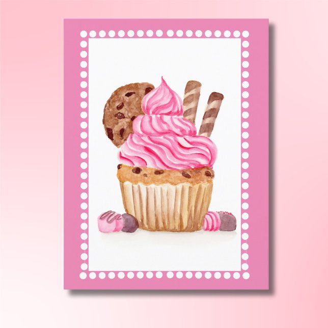 Carte Postale Gâteau cupcake aquarelle rose avec anniversaire en (Créateur téléchargé)