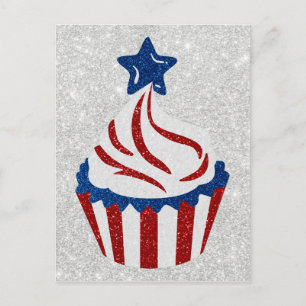 Carte Postale Gâteau Cupcake Rouge, Blanc & Bleu avec Paillettes