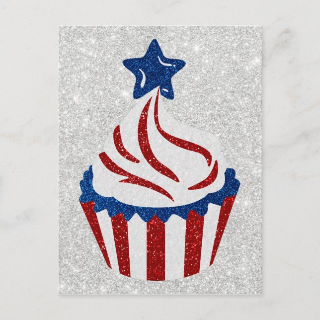 Carte Postale Gâteau Cupcake Rouge, Blanc & Bleu avec Paillettes (Devant)