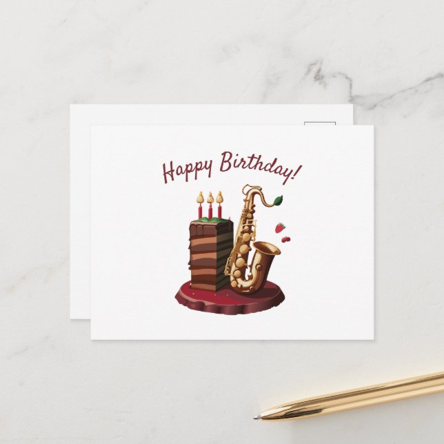 Carte Postale Gâteau d'anniversaire au chocolat Saxophone (Devant/Arrière en situation)