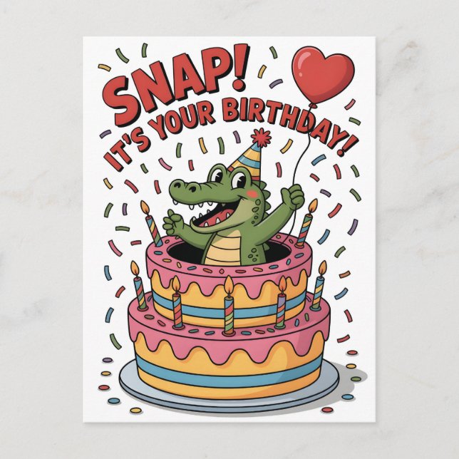 Carte Postale Gâteau d'anniversaire de fête avec un alligator mi (Devant)