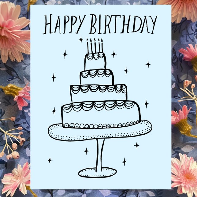 Carte Postale Gâteau d'anniversaire Dessin Fantaisiste  (Happy Birthday Cake Whimsical Sketch Doodle Postcard
)