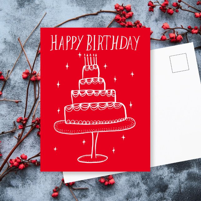 Carte Postale Gâteau d'anniversaire Dessin Fantaisiste Griffonna (Happy Birthday Cake Whimsical Sketch Doodle Postcard
)