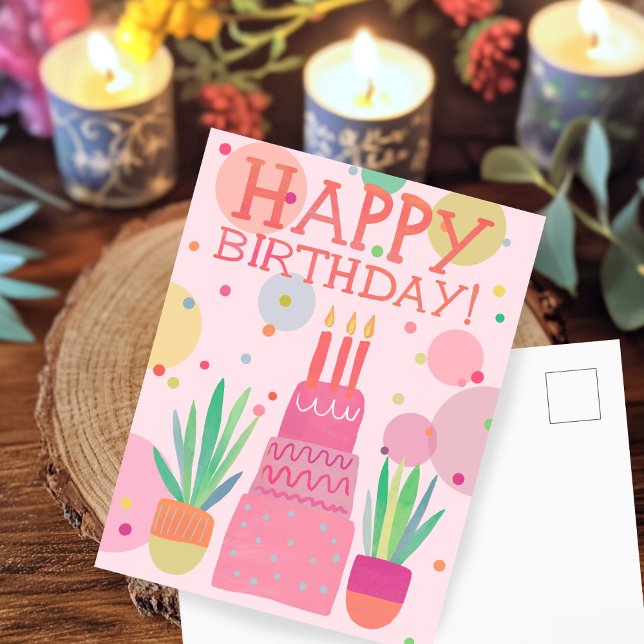 Carte Postale Gâteau d'anniversaire joyeux couleur mignonne rose (Cute Colorful Happy Birthday Cake Pink Bold Pop Postcard
)