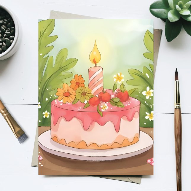 Carte Postale Gâteau d'anniversaire rose | Joyeux Anniversaire (Créateur téléchargé)