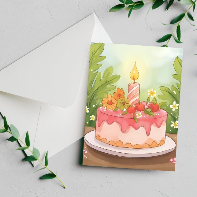 Carte Postale Gâteau d'anniversaire rose | Joyeux anniversaire (Créateur téléchargé)