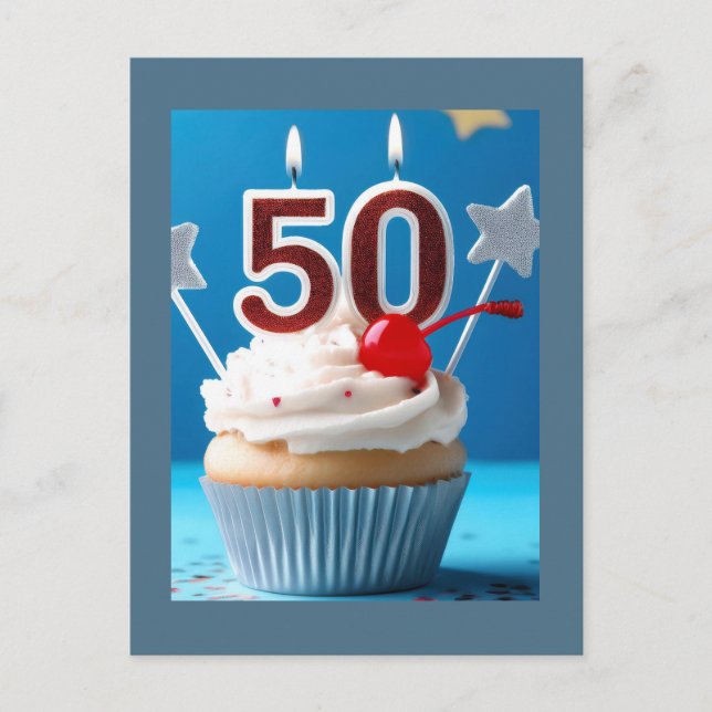 Carte Postale Gâteau de 50 ans avec bougies allumées (Devant)