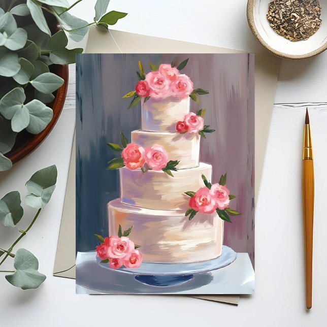 Carte Postale Gâteau de Mariage Rose Pâle | Aquarelle de Mariage (Créateur téléchargé)