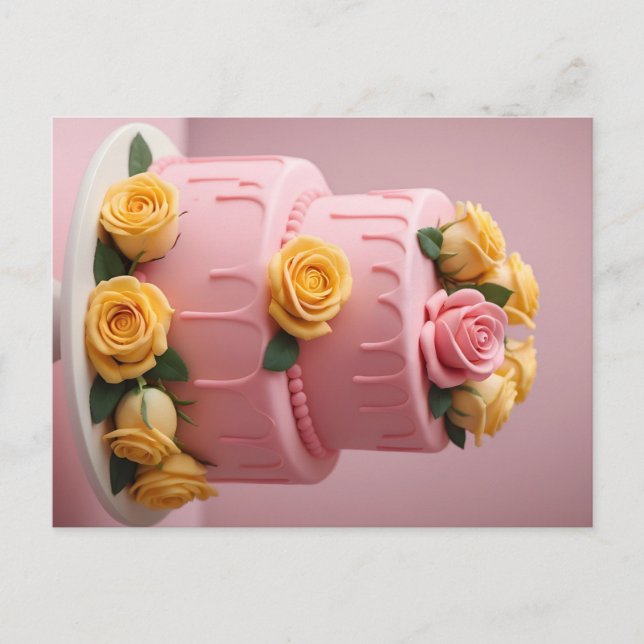 Carte Postale Gâteau en fondant rose avec des roses (Devant)