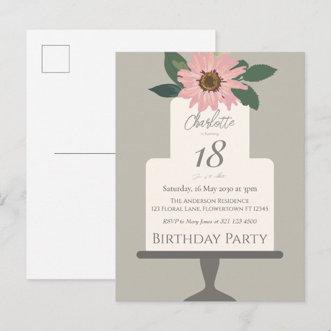 Carte Postale Gâteau Floral Rose Fête d'anniversaire  (Devant / Derrière)