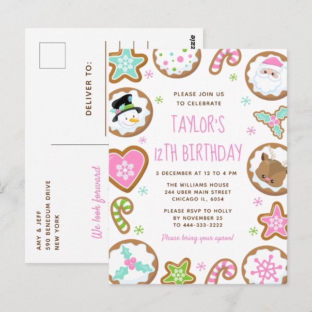 Carte Postale Gâteaux de Noël Fête d'anniversaire Rose et Vert (Devant / Derrière)